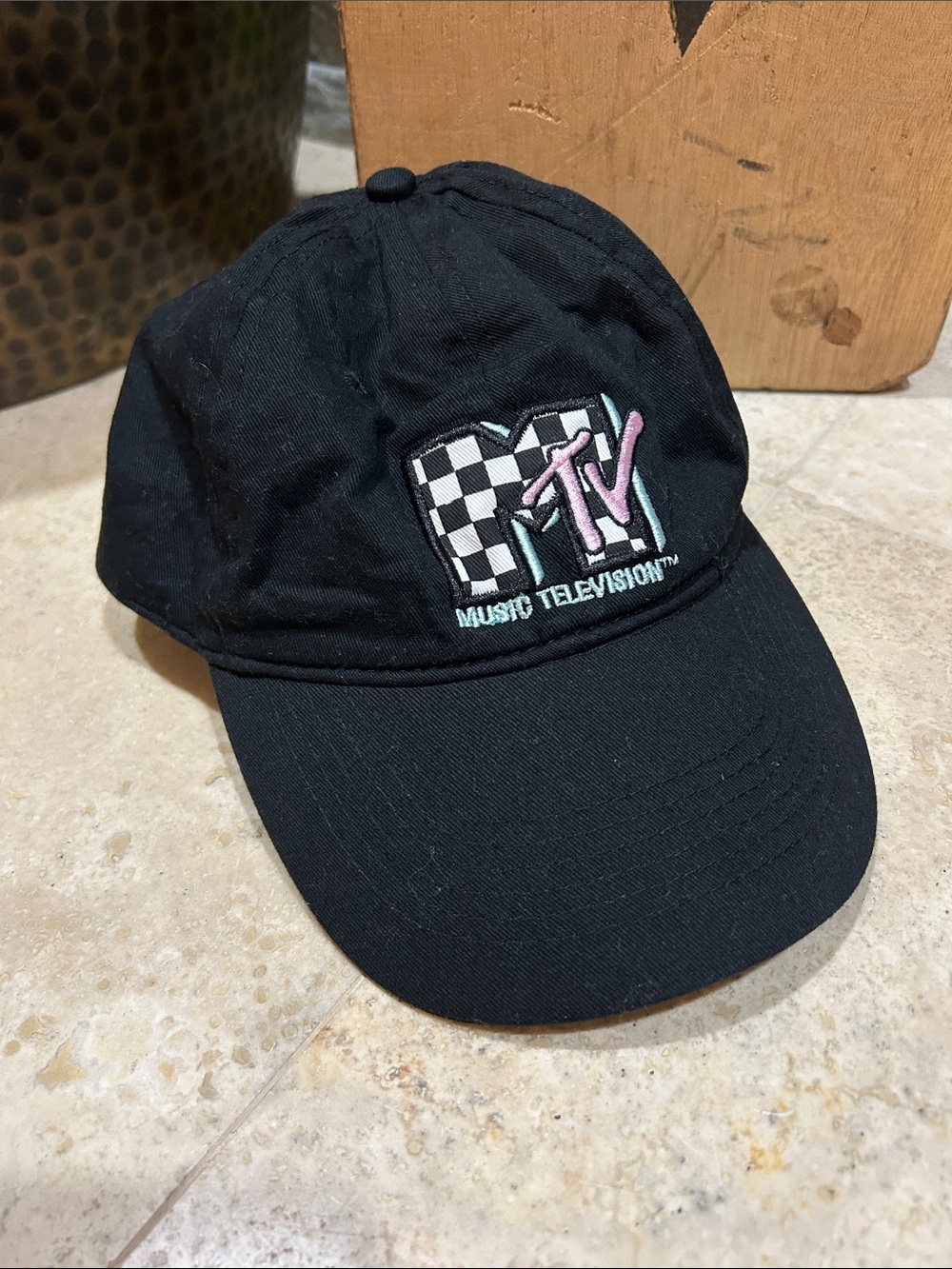 MTV Black Cap with Checkerboard and Pink Logo Accent